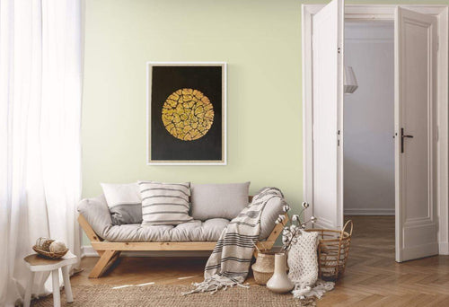 Kunst Schilderij met en contrast van diep zwarte achtergrond en glanzende gouden cirkel Abstracte schilderkunst zwart goud | abstract circle goud zwart